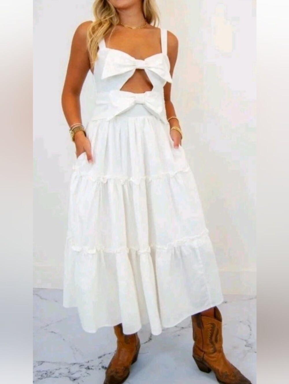 Anthropologie Mabel Bow Maxi Dress White Wedding Boho Cottage Beach Festival